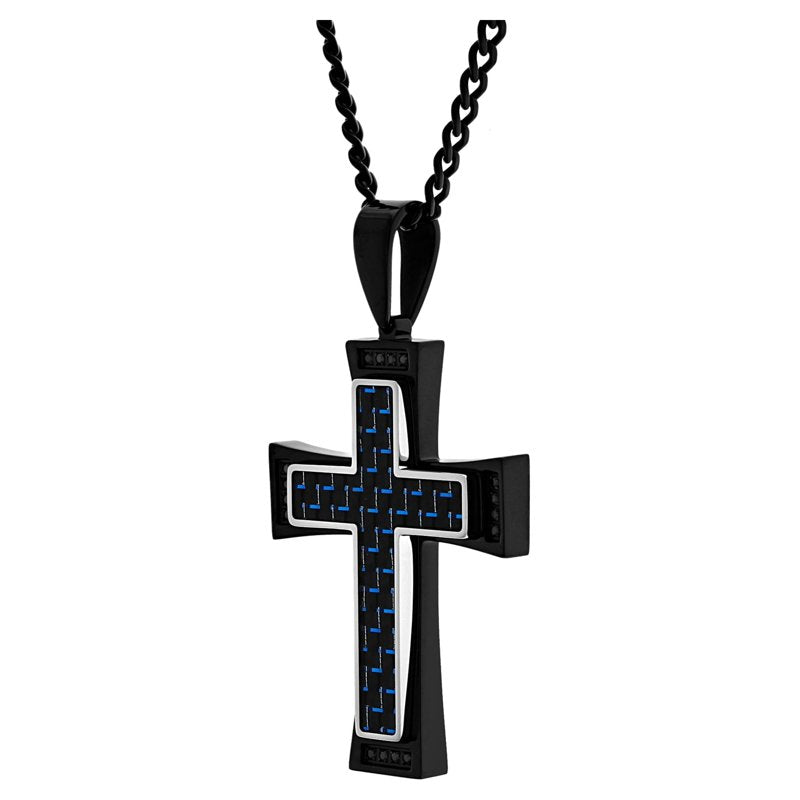 Men's Two-Tone Black Stainless Steel Cross Pendant with Carbon Fiber & Cubic Zirconia
