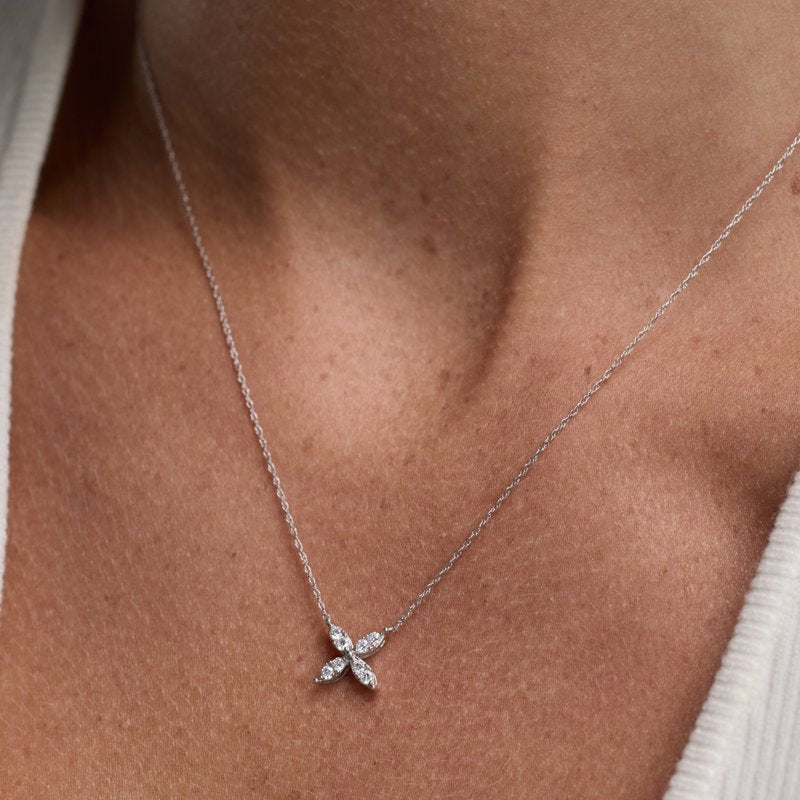 Lab-Grown Diamond Floral Pendant Necklace in Sterling Silver for Women - 1/5 Ct