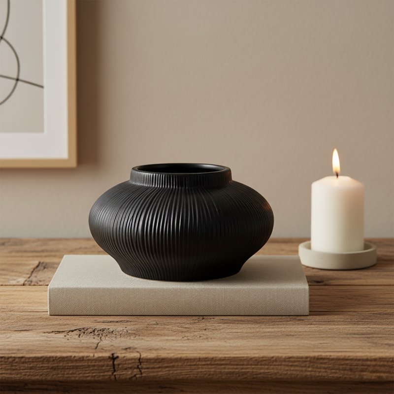 Black Ribbed Ceramic Decorative Vase - Modern Small Tabletop Accent, 4 inches