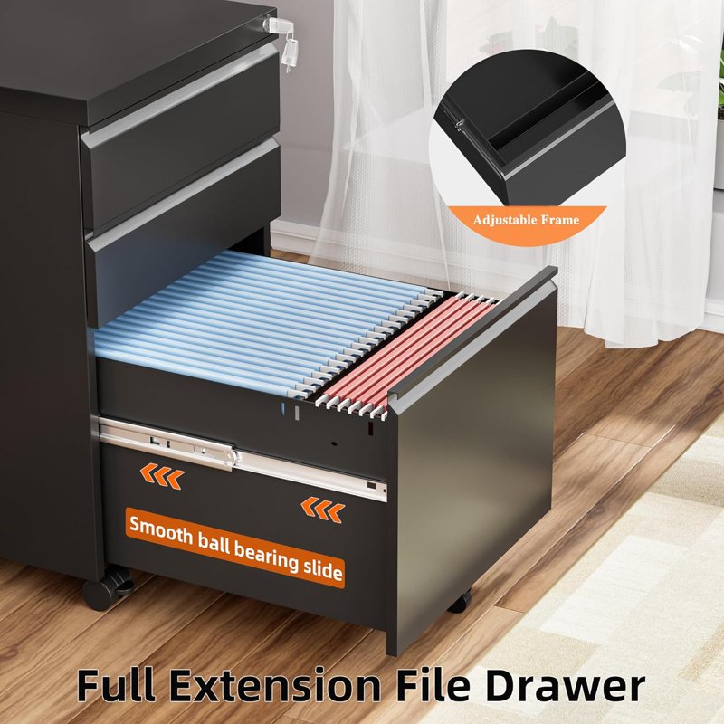 Mobile File Cabinet with Lock and Wheels - 3 Drawer Metal Storage for Office, Legal and Letter Sizes