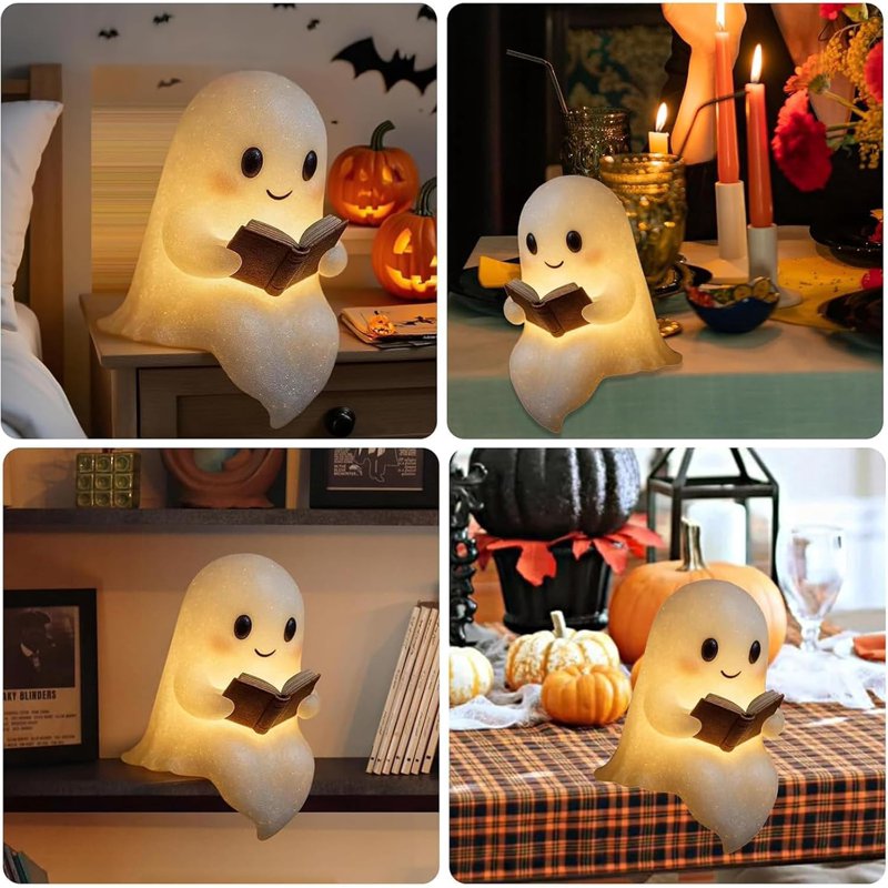 Ghost Reading Book Lamp - Light Up Ghost Statue Night Light for Home & Christmas Decor