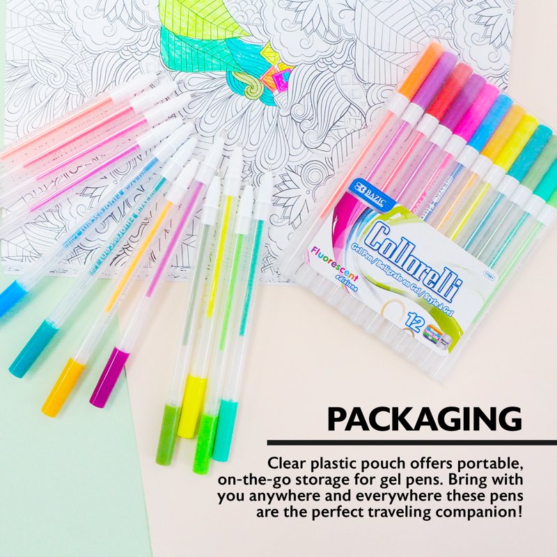 Fluorescent Gel Pens Set - 12 Colors, 0.8mm Medium Point for Writing & Art