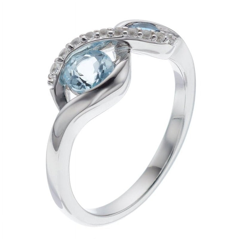 Sterling Silver Blue Topaz & White Sapphire Ring - Bypass Design, Hypoallergenic