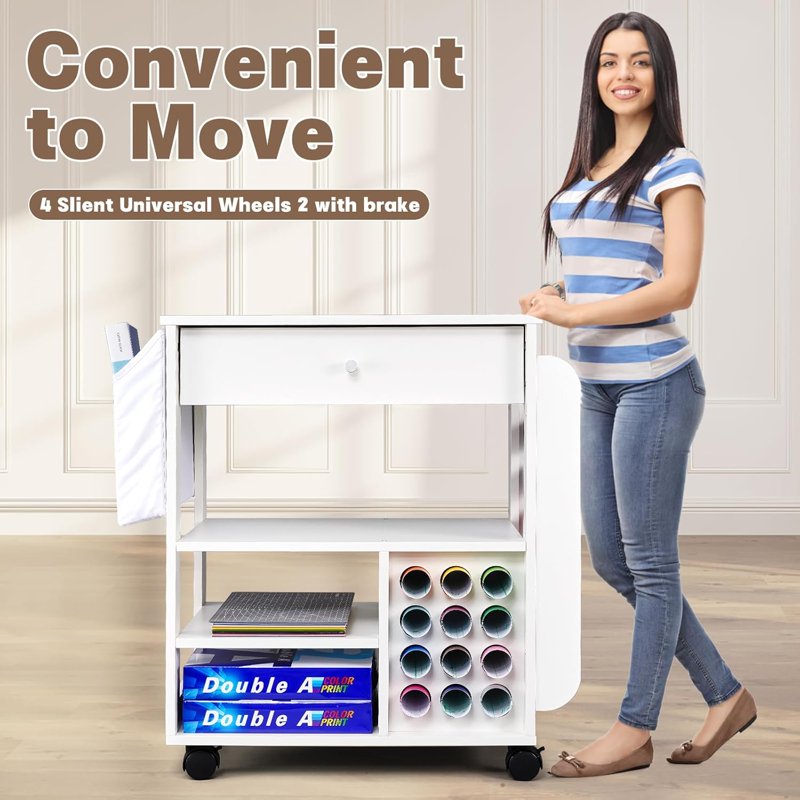 Craft Storage Rolling Cart with Vinyl Roll Holders and Drawer - Mobile Organizer for Cricut and Craft Supplies
