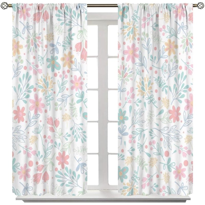 Watercolour Floral Curtains Set - Hand-Painted Plant Design for Bedrooms & Living Rooms