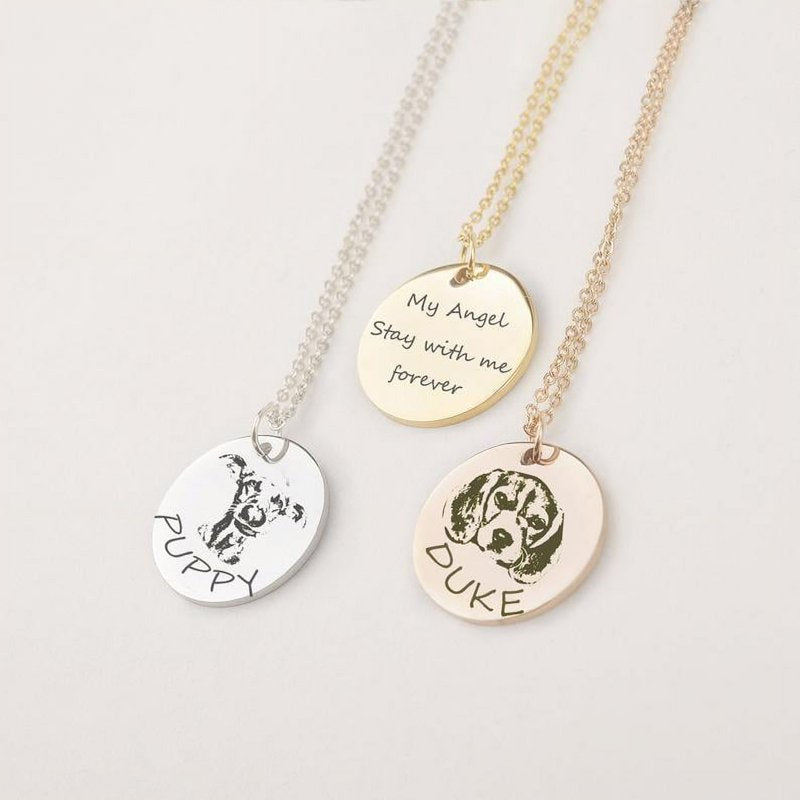 Personalized Pet Portrait Necklace - Engravable Dog & Cat Pendant in Gold, Silver, Rose Gold