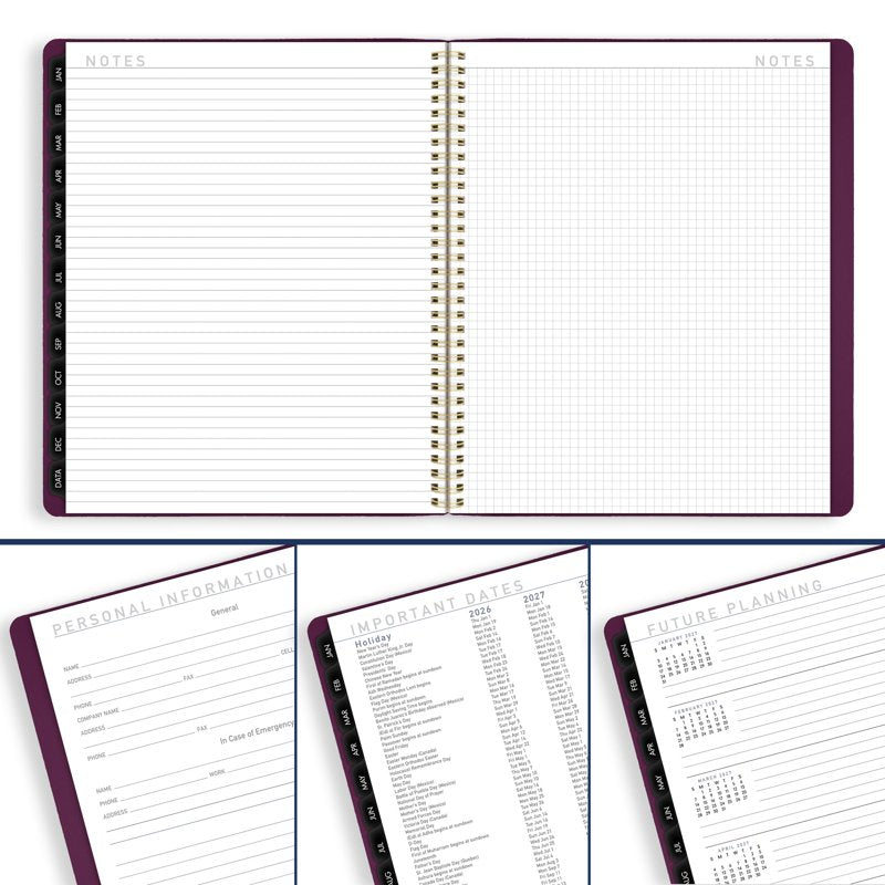 Large Monthly Planner 2026 - Crushed Cherry 9x11 with Tabs & Weekly Layout