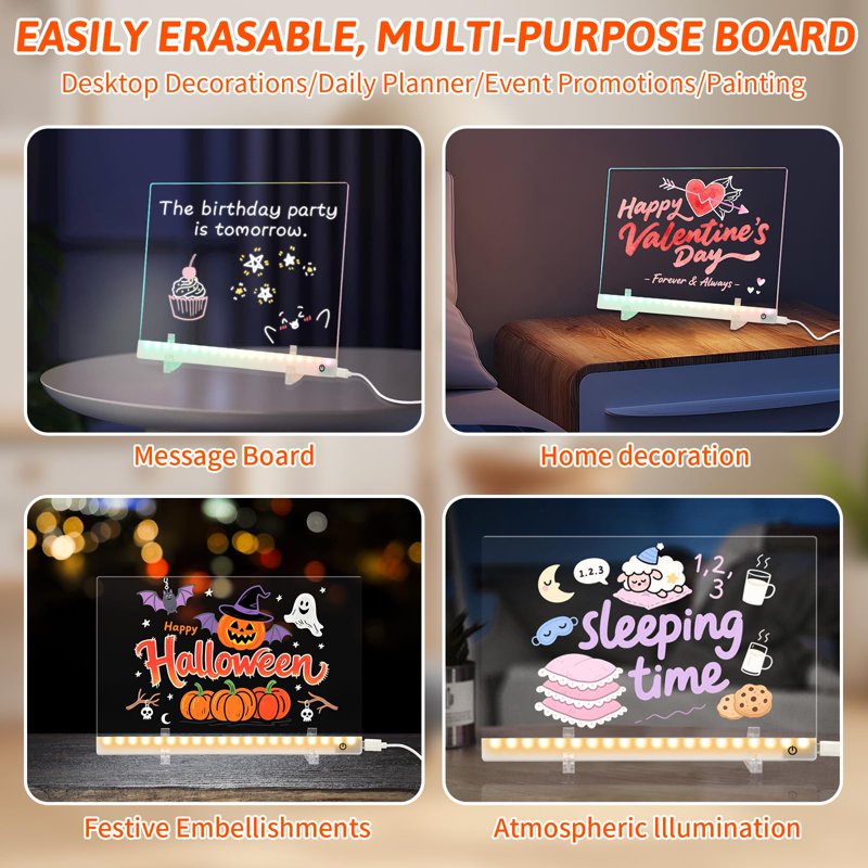 Multi-Color LED Acrylic Message Board Light Up Dry Erase Note Board with Stand & Markers