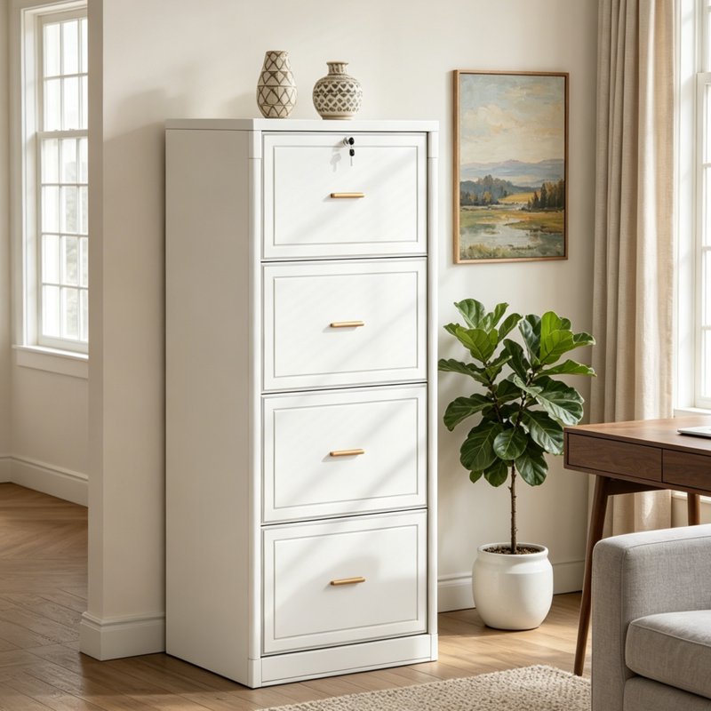 Four-Drawer Vertical File Cabinet with Lock - Office Document Organizer, Heavy Duty, White