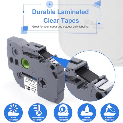 4 Pack 12mm Laminated Clear Label Tape Compatible with Brother & DISEN Label Makers