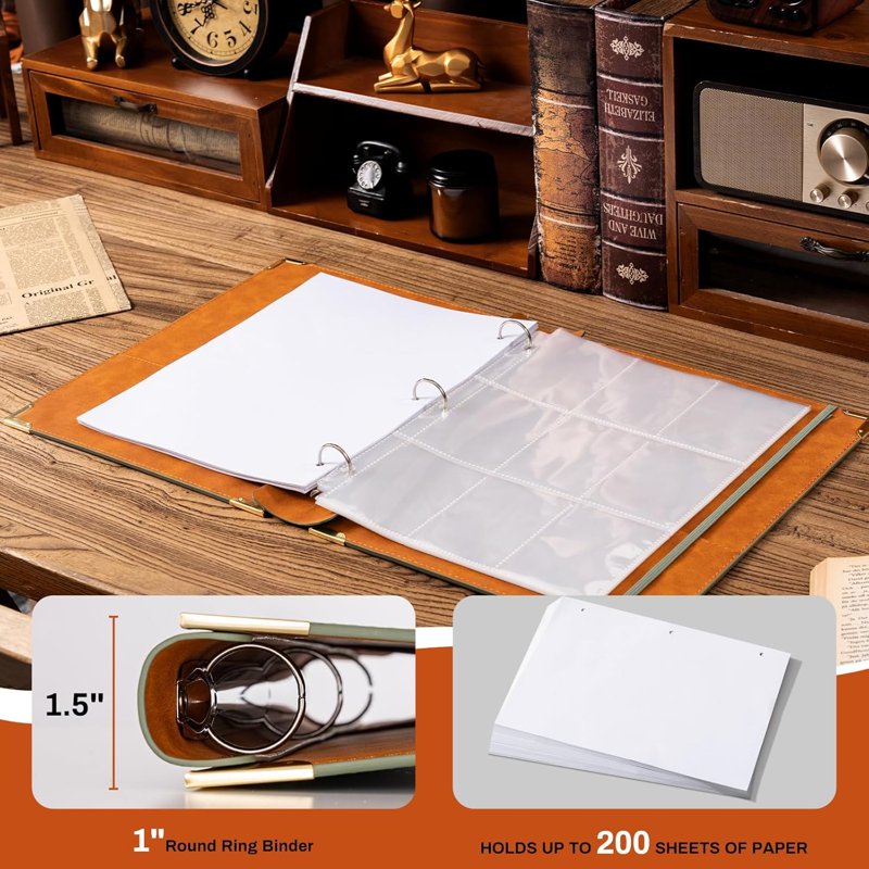 2 Pack Leather 3 Ring Binders for 8.5x11 Paper - 1 Inch Capacity, Green & Brown