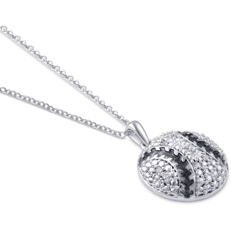 Silver-Tone Baseball Pendant Necklace with Diamond Accents - 18 Inch Women's Jewelry