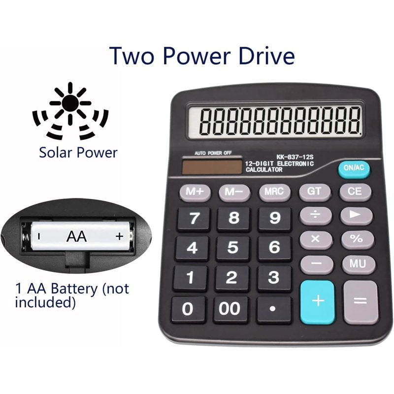 Office Calculator with 12 Digit LCD Display Solar Battery Dual Power Black