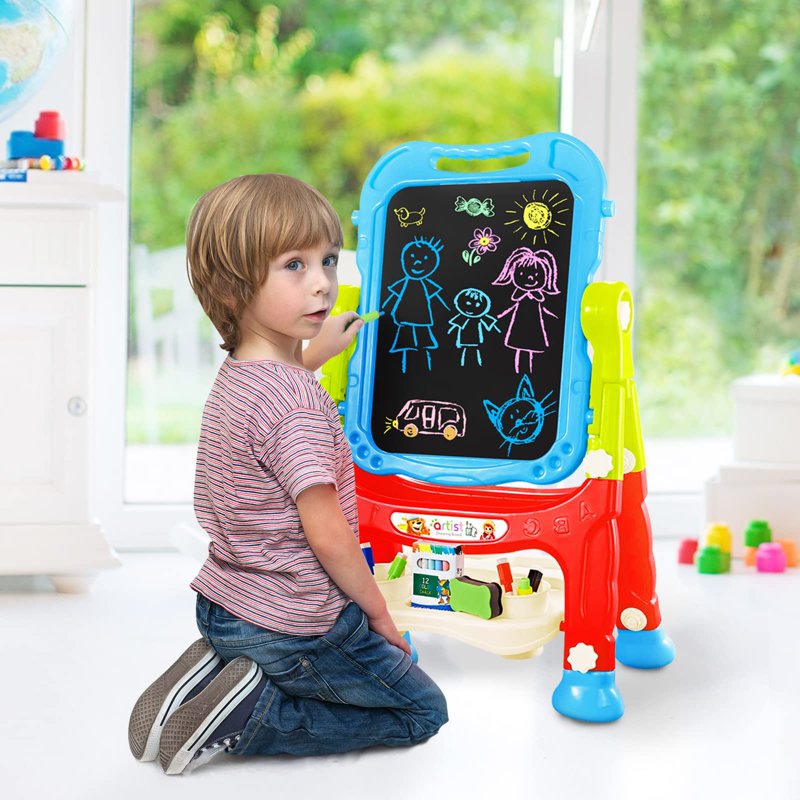 Kids Double-Sided Adjustable Art Easel with Magnetic Whiteboard & Chalkboard