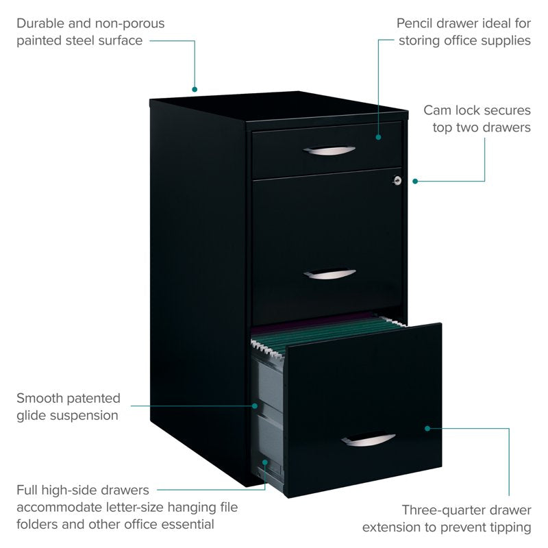 Steel 3-Drawer Letter-Size File Cabinet with Pencil Drawer - Black