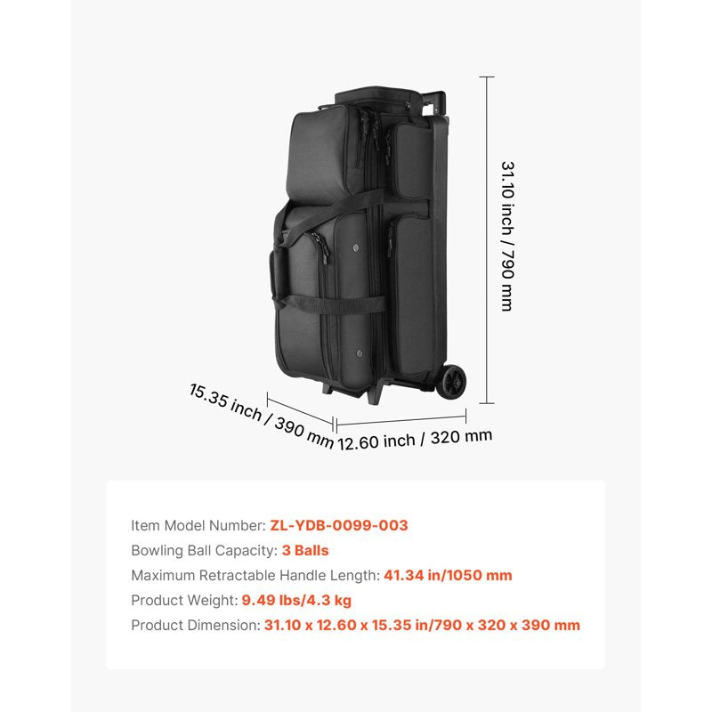 Bowling Ball Bag with Wheels - 3-Ball Roller with Shoe Compartment & Adjustable Handle