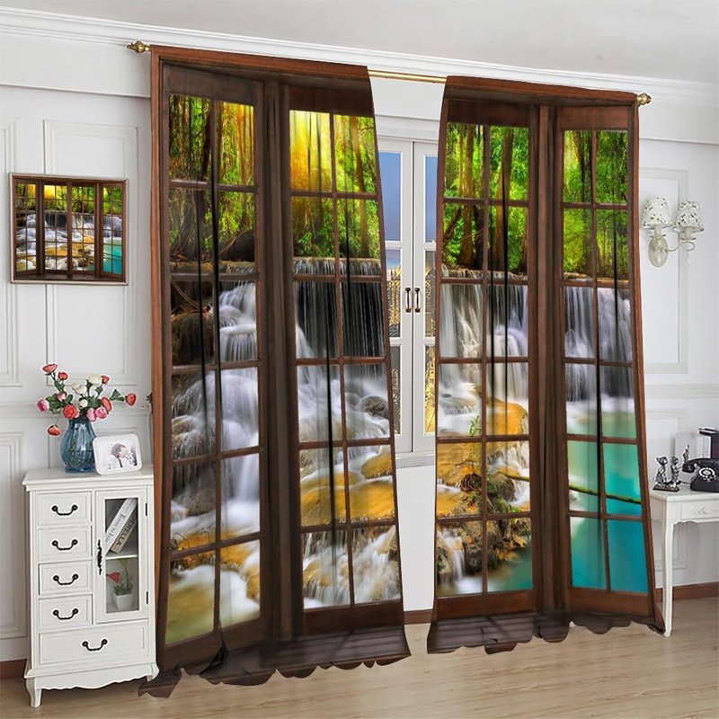 Rustic Forest Landscape Waterfall Curtains - Soundproof Window Drapes for Bedroom & Living Room