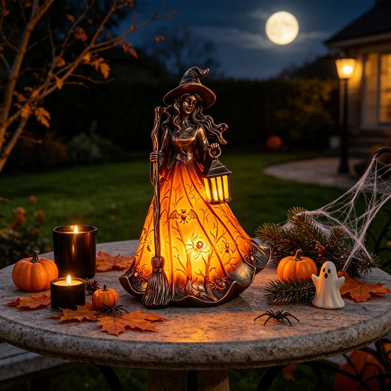 Halloween Witch Figurine Lamp with Broom, Resin Night Light - USB Powered Tabletop Decor (Variation E)