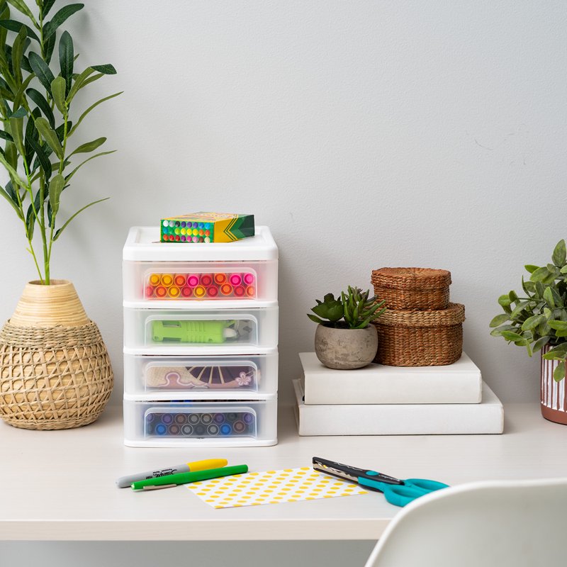 Small 4-Drawer Desktop Organizer - Compact Stacking Storage Unit, White-Clear