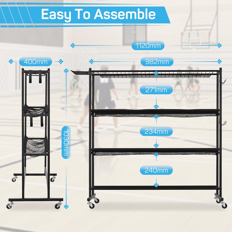 Garage Ball Storage Rack with Wheels for Sports Equipment Organizer