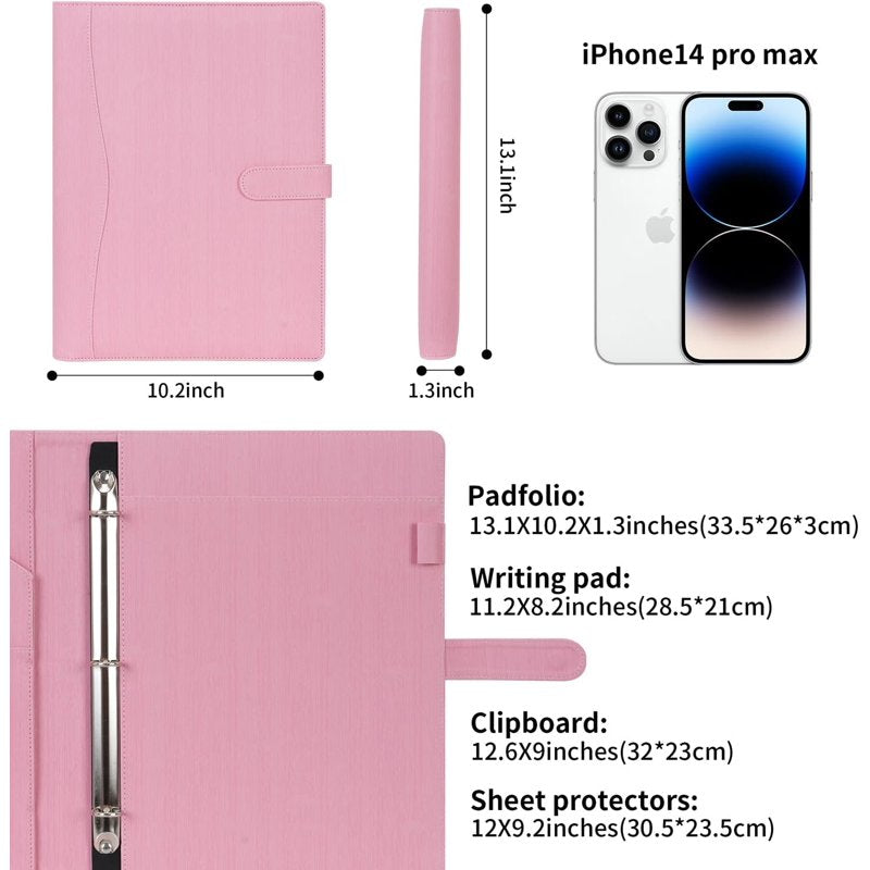 A4 PU Leather Portfolio Organizer with Removable Ring Binder and Multiple Pockets
