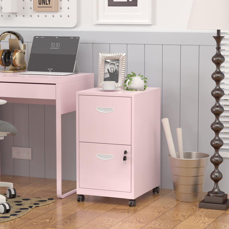 Mobile 2-Drawer File Cabinet on Wheels - Pink Metal Office Storage Organizer