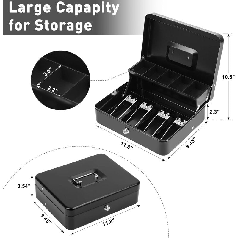 Metal Cash Box with Coin Trays and Lock for Secure Money Storage