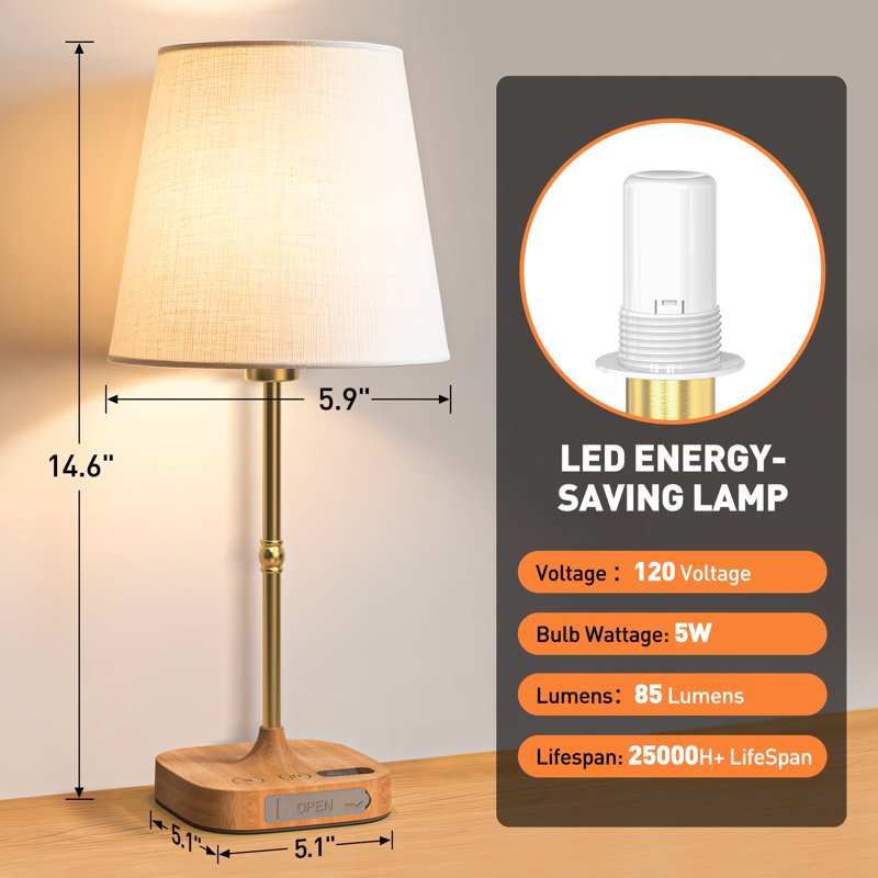 Cordless Dimmable Bedside Table Lamp with USB Port and Fabric Shade
