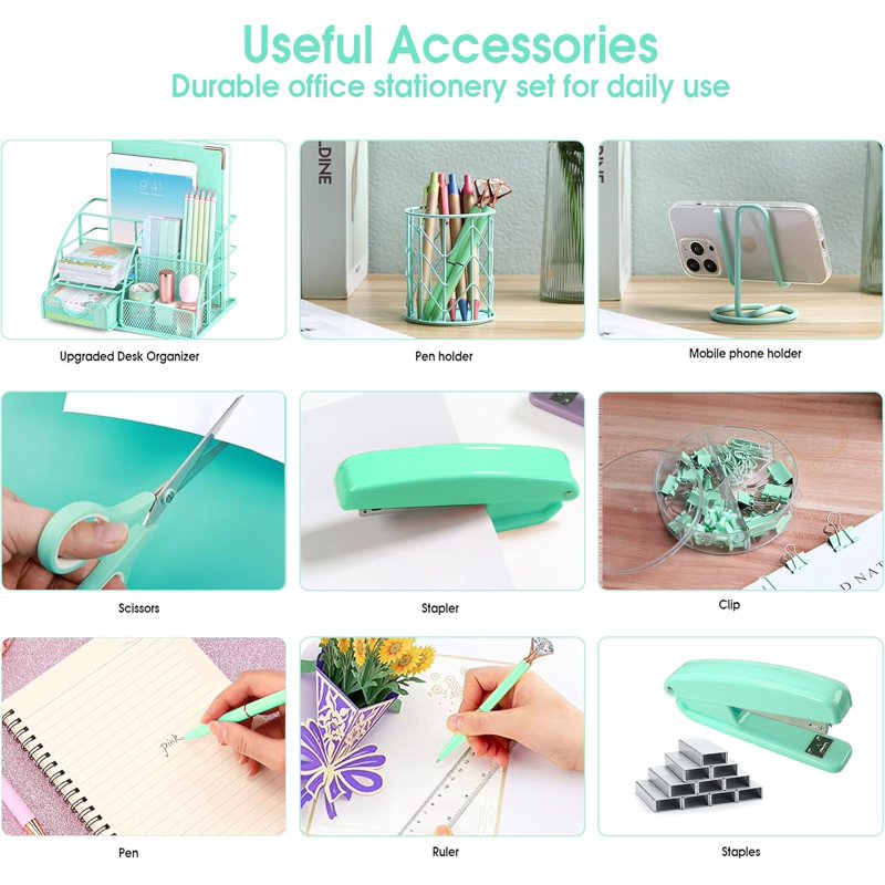 Green Desk Organizer Office Supplies Set with Stapler Pen Holder and Accessories