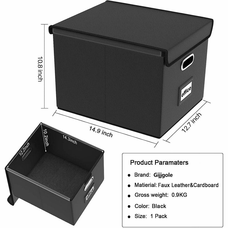 Collapsible Faux Leather File Box Organizer with Lid and Handles - Black