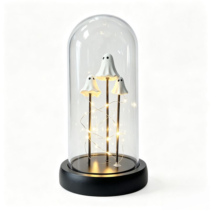 Light Up Ghost Decor Lamp with Glass Dome and Warm Fairy Lights - Halloween Indoor Night Light