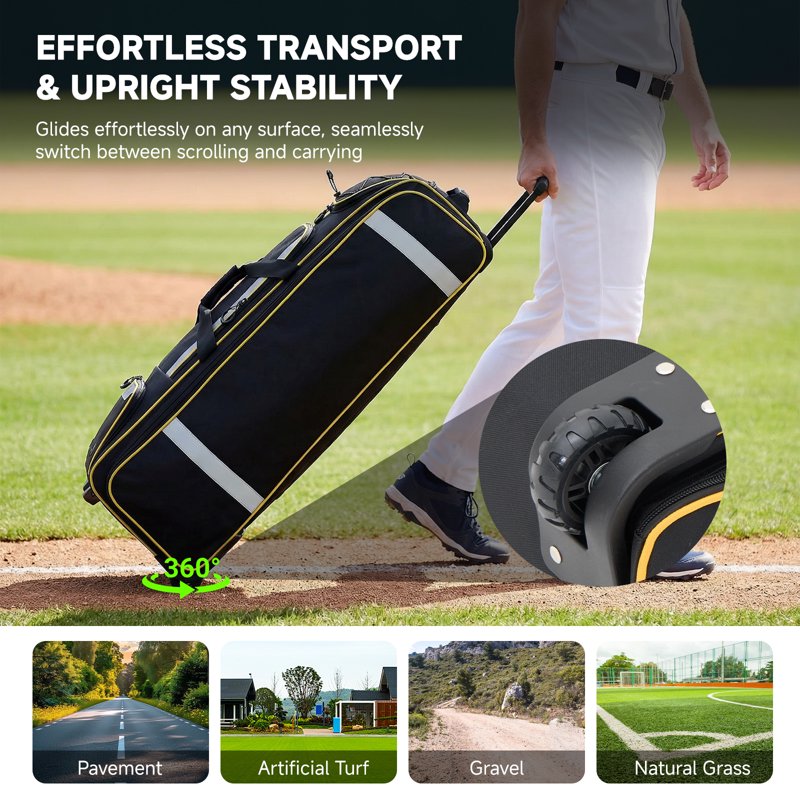 Large Rolling Baseball & Softball Equipment Bag with Wheels, 100L Capacity, Multiple Compartments & Hooks