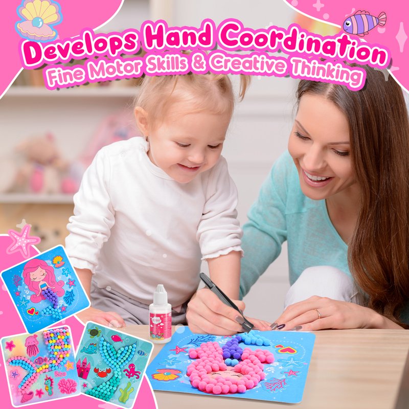 Kids Craft Kits for Girls Ages 3-6 DIY Mermaid & Unicorn Pom Pom Art Set