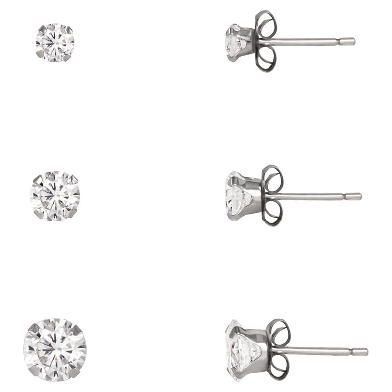 10K White Gold Cubic Zirconia Stud Earrings Set - 3/4/5mm