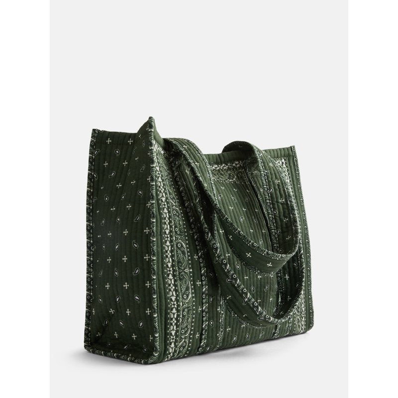 Quilted Tote Bag for Women with Allover Print and Gingham Accents