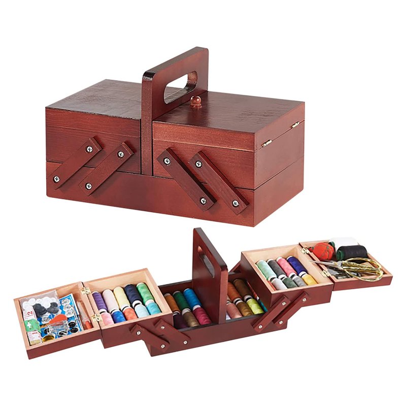 Expandable Wooden Sewing Basket with Handle - Red, 9.45 x 5.31 x 5.91 inches