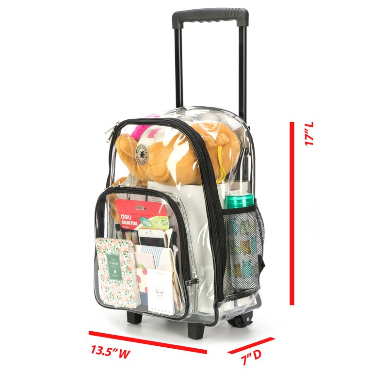 Heavy Duty Clear Wheeled Backpack with Tuckable Straps - 17x13.5x7 Inches