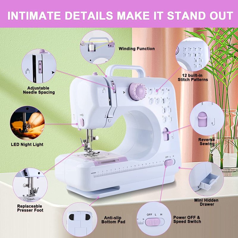 Mini Portable Sewing Machine for Kids & Beginners - 12 Stitch Patterns, Double Thread, Easy Operation