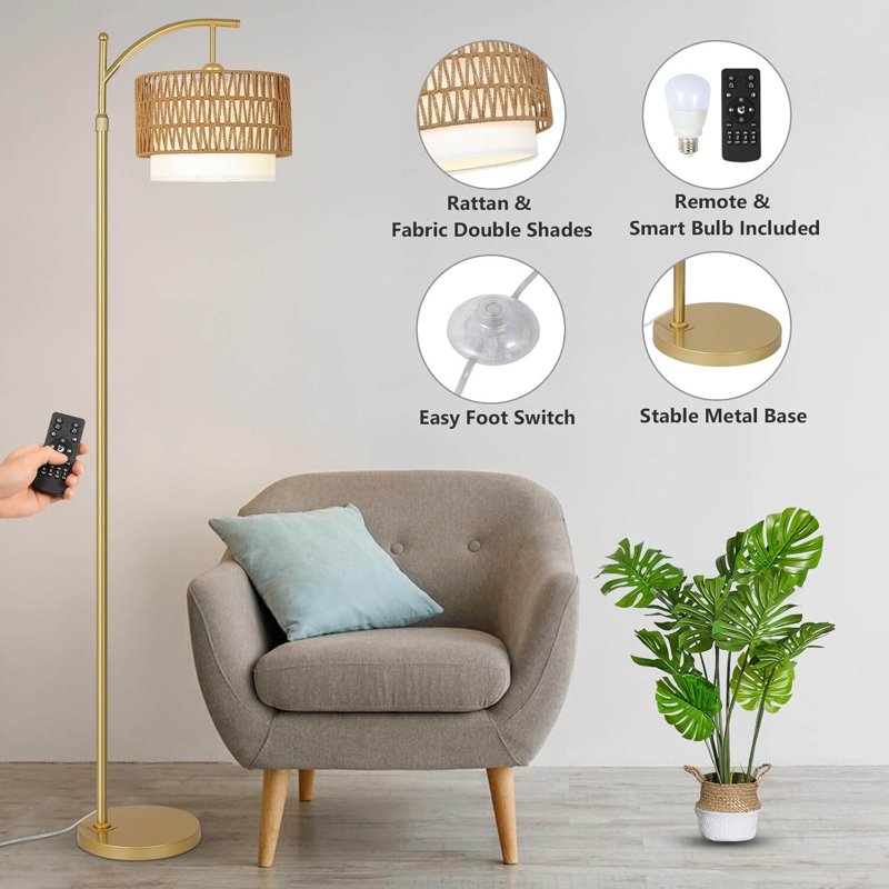 Modern Arc Floor Lamp with Remote, Dimmable LED & Dual Shades