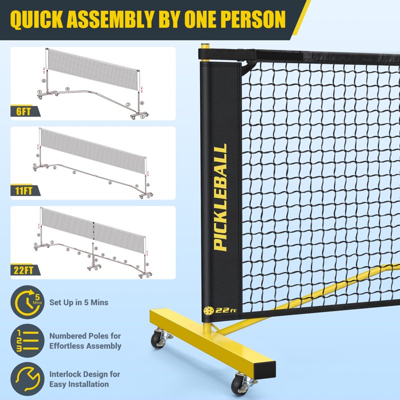 Portable Pickleball Net Set with Wheels - 3 Size Options, All-Weather Durable, Carry Bag & Easy Takedown