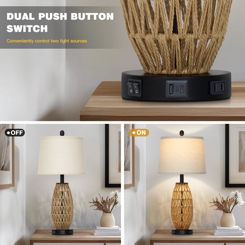 Set of 2 27-Inch Rattan Table Lamps with Night Light & USB Charging