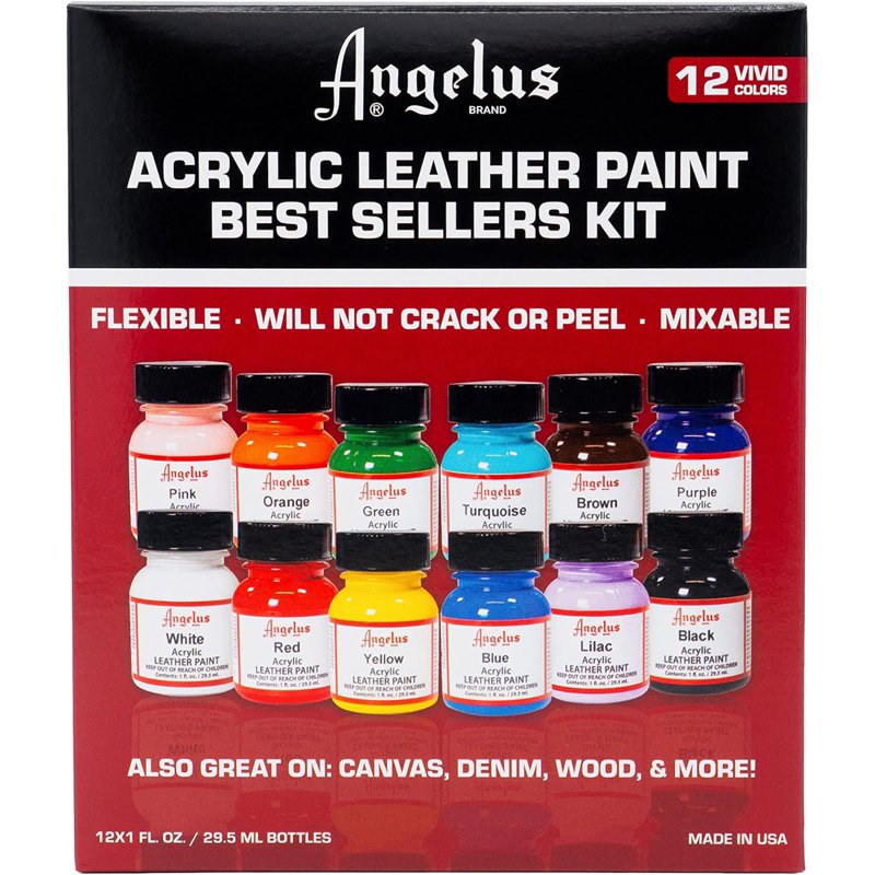 Angelus Acrylic Leather Paint Kit - Flexible Shoe & Leather Paint in 12 Colors, 1 oz Each