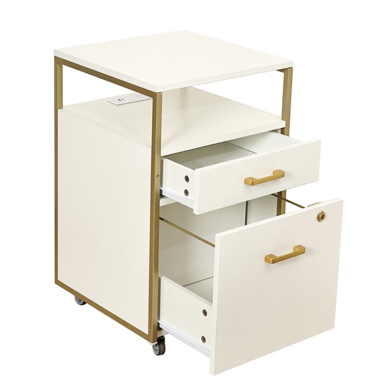 Modern White & Gold Rolling 2-Drawer File Cabinet with Locking Wheels & USB Charging Ports
