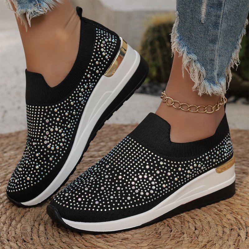 Women's Sparkly Wedge Sneakers with Rhinestone Embellishments - Casual Flats