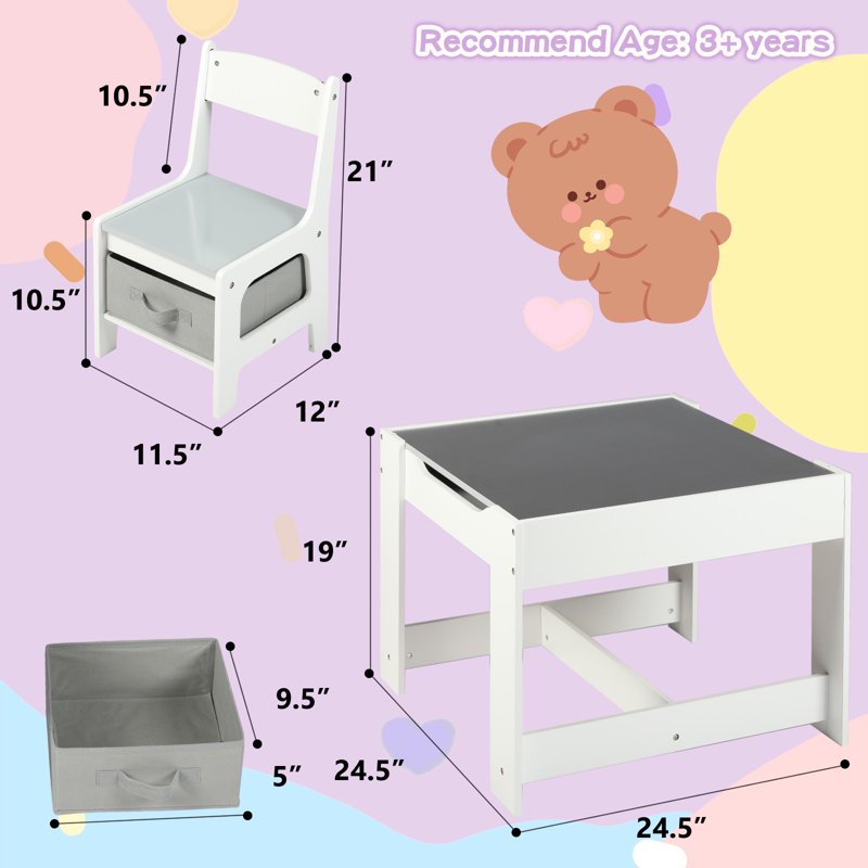 Kids Activity Table and Chair Set with Whiteboard & Storage - Toddler Play Furniture