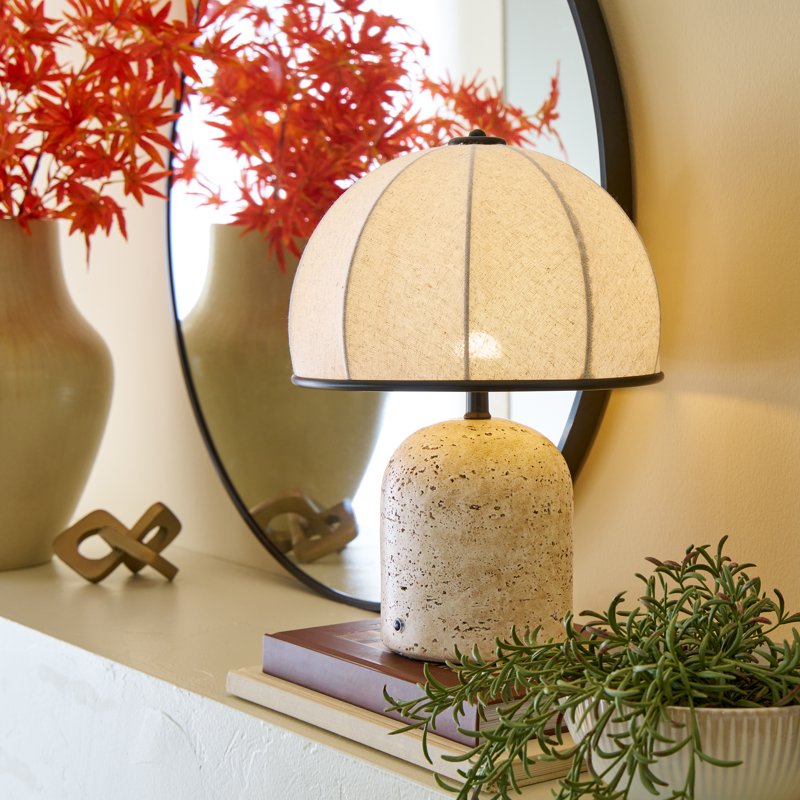 Rechargeable 14-Inch Stone Gourd Table Lamp with Fabric Shade - Modern Indoor Accent Light