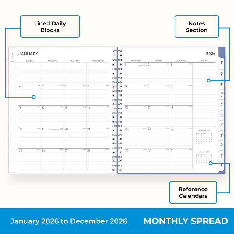 2026 Monthly Planner Calendar - 8x10 Durable Flexible Cover & Laminated Tabs