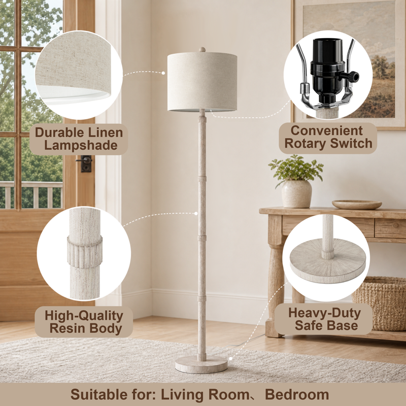 Farmhouse Floor Lamp for Living Room & Bedroom - Tall Off-White Wood Grain Standing Lamp