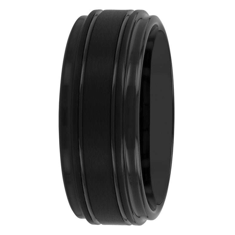 Men's Tungsten Wedding Band 9mm Grooved Step Edge Black Finish Durable Ring
