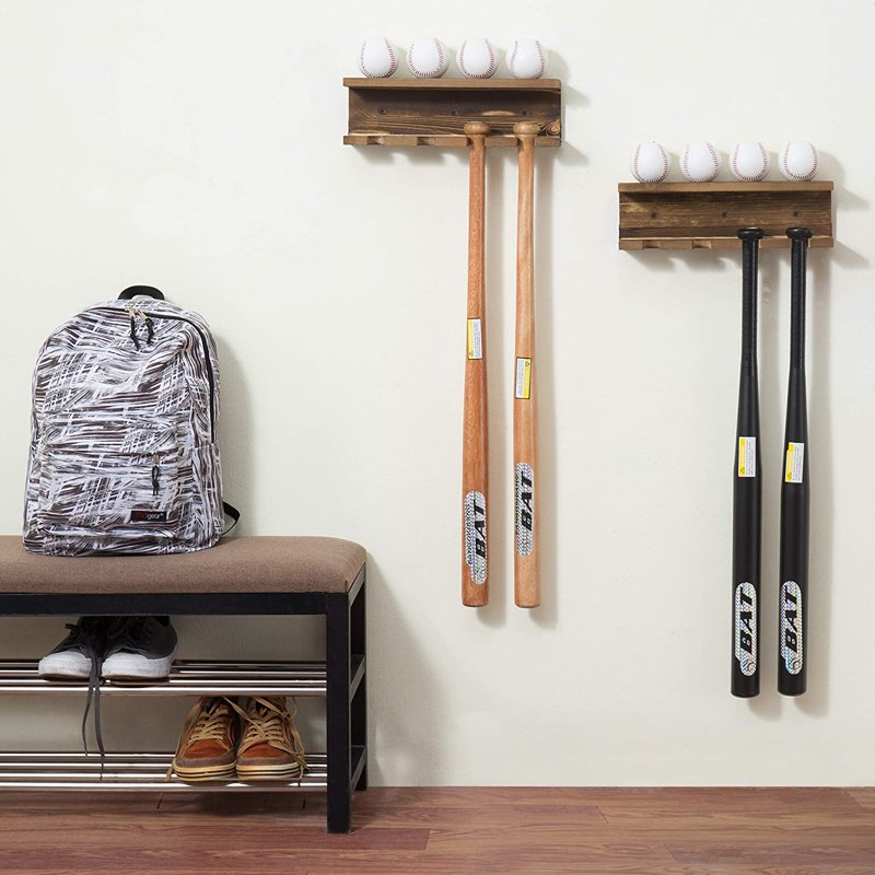 Wall-Mounted Baseball Bat Rack with Ball Storage Shelf - Rustic Burnt Wood